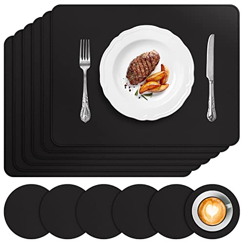 Vinyl Placemats Set of 6, Heat Resistant Dining Table Placemats Waterproof Washable Wipeable Faux Leather Place Mats and Coasters for Kitchen, Dining, Party &amp; Outdoor (Black)