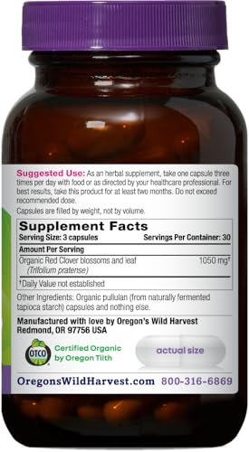 Oregon&#39;s Wild Harvest Red Clover Capsules, Non-GMO Organic Herbal Supplements, 90 Count,Organic Red Clover Blossoms and Leaf (Trifolium pratense), Non-GMO Vegan Capsules and Nothing Else