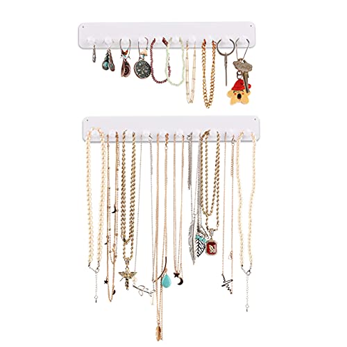 Necklace Organizer - 2 Pack - Easy-Install 10.5x1.5 Hanging Holder Wall Mount with 10 Necklace Hooks - Beautiful Necklace Hanger also for Bracelets, Earrings, and Keys (White)
