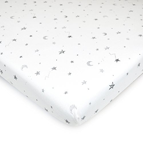 Printed 100% Natural Cotton Jersey Knit 18 x 36 Cradle/Bassinet Sheet - Fitted, Gray Stars and Moons, Soft Breathable, for Boys and Girls