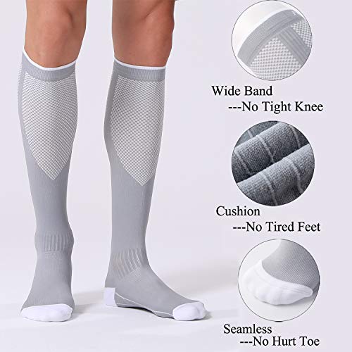 3 Pairs Compression Socks for Women and Men 20-30mmHg- Circulation and Muscle Support Socks for Travel, Running, Nurse, Knee High Socks, Black+White+Grey L/XL