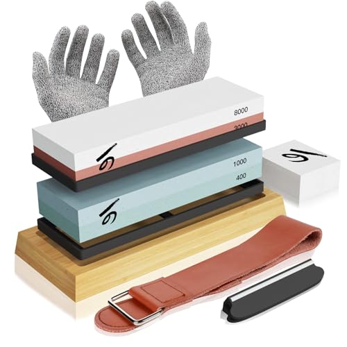 Knife Sharpening Stone Kit, Professional Japanese Whetstone Sharpener Stone Set, Premium 4 Side Grit 400/1000 3000/8000 Water Stone, Flattening Stone, Angle Guide, Leather Strop, Anti Cut Gloves