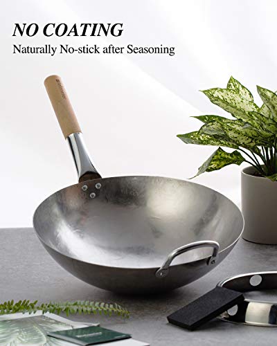 14 Inch Carbon Steel Wok with Wok Ring,Woks and Stir Fry Pans with Sponge, Round Bottom Wok pan for Home and Professional Cooking…