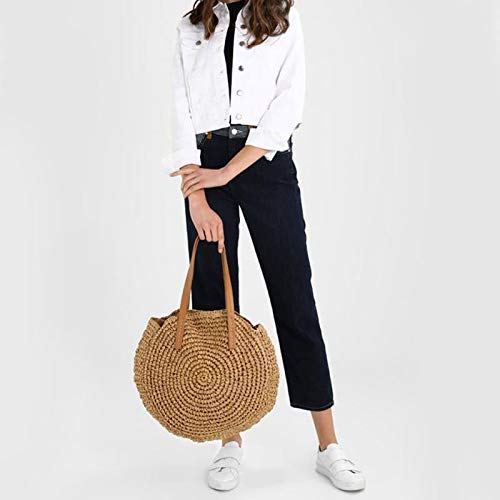 Round Straw Bag Handwoven Natural Summer Beach Shoulder Bag Rattan Crossbody Purse for Women (brown) One Size