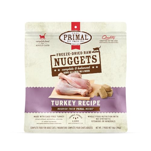Primal Freeze Dried Raw Cat Food Nuggets Turkey, Complete & Balanced Meal or Topper, Premium, Healthy, Grain Free, High Protein Raw Cat Food with Probiotics (14 oz)