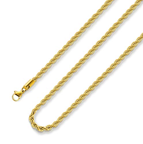 Gold Plated Necklace for Men 2.5MM 28 Inches Stainless Steel Twist Rope Chain for Women Mens