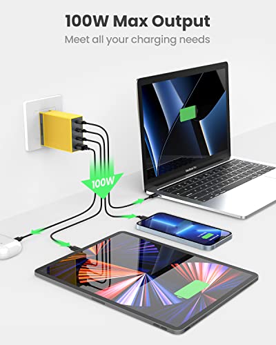 USB C Charger, 100W GaN Charger Fast Wall Charger, PPS PD 3.0 Quick Charge, Multiport Charger Block for MacBook Pro/Air, Dell XPS, Phone14/Pro, Pixel, iPad Pro, and More - Yellow