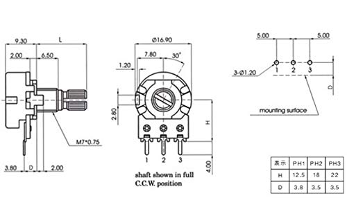 HiLetgo 20pcs WH148 Single-Joint Potentiometer 1K B1K Variable Resistors 15mm Shaft 3Pins 1K Ohm Potentiometer