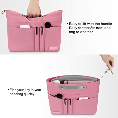 purse organizer insert for handbags,Tote Bag Organizer Insert Zipper for Women, Handbag Organizer Inside Liner with 15 Pockets, Pink