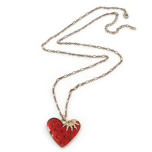 Red Enamel Crystal Heart Pendant With Gold Tone Long Chain - 70cm Length/ 7cm Extension