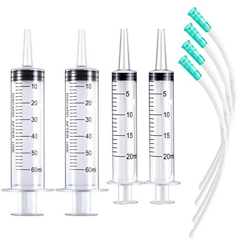 Large Plastic Syringe with Tube 60ml Syringe 20ml Syringe with 13inch Tubing for Scientific Labs, Measuring, Watering, Refilling, Filtration, Feeding Pets, Oil or Glue Applicator, 4pcs