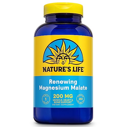 Nature&#39;s Life Renewing Magnesium Malate 200 mg - One Per Day - Muscle, Heart, Nerve Health, and Bone Support - Maximum Absorption - Lab Verified - 60-Day Guarantee - 250 Servings, 250 Tablets