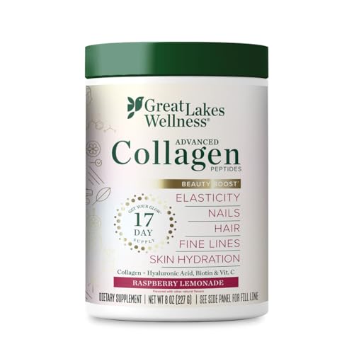 Beauty Boost Advanced Collagen Peptides Powder with Hyaluronic Acid, Biotin, Vitamin C - Skin Elasticity and Hydration - Raspberry Lemonade Flavor - Non-GMO, Keto, Kosher - 8 oz