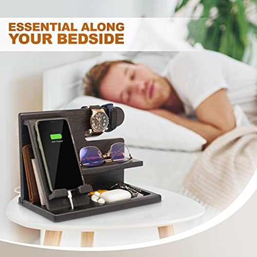 Wood Phone Docking Station - Nightstand Organizer - Desk Organizer for Husband - Birthday Gifts for Men or Dad - Idea for Anniversary from Wife - Key Holder - Stand for Wallet &amp; Watch (Black)
