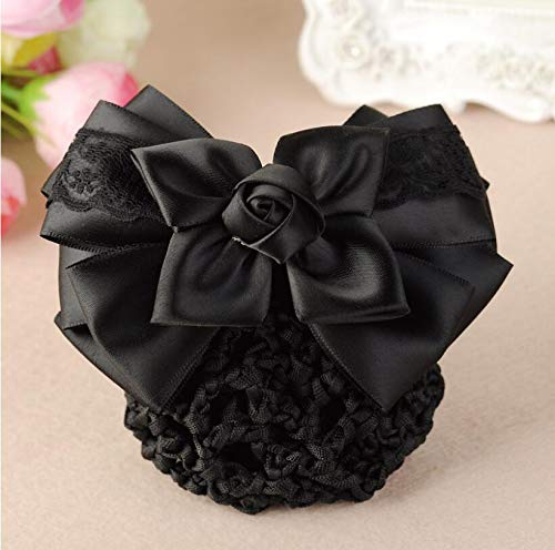Women Hair Bun Cover Net Snood Hairnet Bowknot Decor Satin Bow Barrette French Hair Clip Bow Ribbon Flower Hair Accessories For Stewardess Banks Hotels Restaurant Staff (Black)