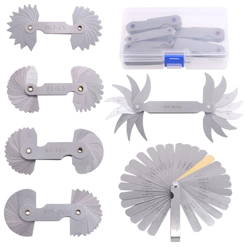 6Pcs Stainless Steel Feeler Gauge and Radius Gauge Set, 5Pcs R0.3-1.5/ R1-6.5/ R7-14.5/ R15-25/ R25-50 Radius Fillet Gauge with 32 Blades 0.04-0.88 mm Metric and Imperial Gap Measuring Tool