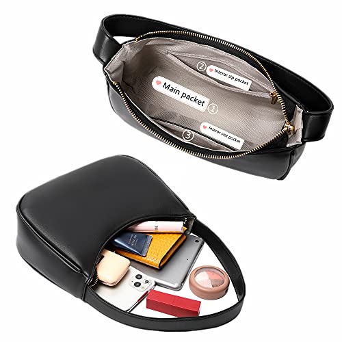 Shoulder Bags for Women, Cute Hobo Tote Handbag Mini Clutch Purse with Zipper Closure (Black)