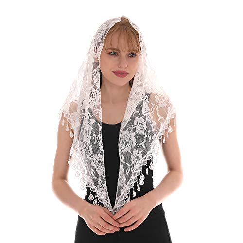 Mass Veil Catholic Church Mantilla Chapel Lace Shawl or Scarf Latin Mass Head Cover with a Handy Storage Pouch (White)