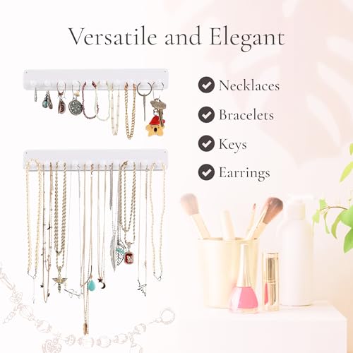 Necklace Organizer - 2 Pack - Easy-Install 10.5x1.5 Hanging Holder Wall Mount with 10 Necklace Hooks - Beautiful Necklace Hanger also for Bracelets, Earrings, and Keys (White)
