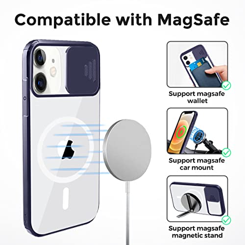 Clear Magnetic Case Compatible with iPhone 12 Mini MagSafe with Camera Cover [Built-in 38 Strong Magnets] [Slide Camera Lens Protector] Shockproof Anti-yellow Case with Soft Silicone Bumper-Blue