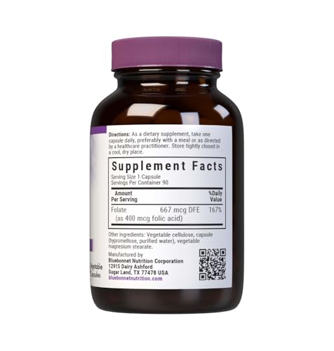 Bluebonnet Nutrition Folic Acid 400 mcg, Prenatal &amp; Postnatal Health*, Non-GMO, Vegan, Kosher Certified, Gluten-Free, Soy-Free, Dairy-Free, 90 Vegetable Capsules, 90 Servings