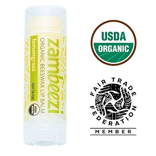 Beeswax Lip Balm by ZAMBEEZI - Lemongrass 3 pack - Crafted with USDA Certified Organic, Fair.