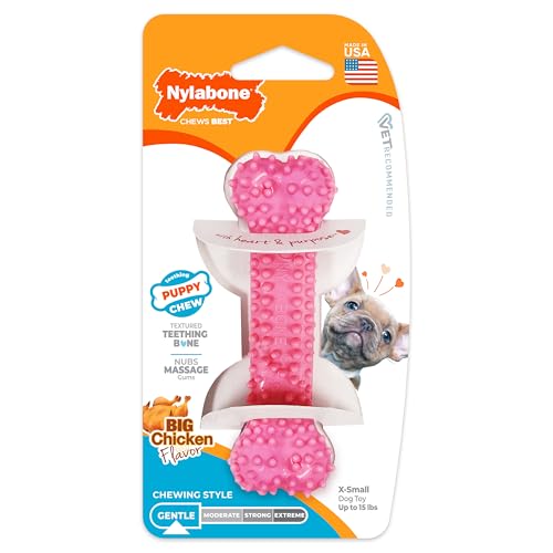 Textured Teething Bone Chew Toy for Puppies, Puppy Chewing Toys, Pink, Chicken Flavor, X-Small - Up to 15 Ibs, 1 Count