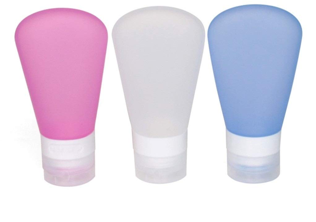 3 Pack- Portable Food Grade Squeeze Silicone Liquid Travel Bottle TSA Approved For Shampoo, Conditioner, Lotion, Toiletries, condiments (1 OZ Pink + White + Blue)