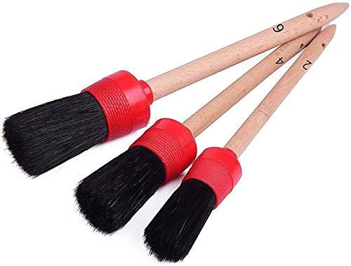 11Pcs Auto Detailing Set, Boar Hair Brushes, Steel Wire &amp; A/C Brushes, Red, Soft Bristles, Wood Handles for Cleaning Interior, Exterior, Leather, 6 Sizes