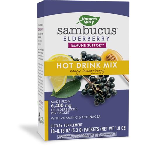 Nature's Way Sambucus Elderberry Hot Drink Mix with Vitamin C and Echinacea, Immune Support*, Honey Lemon-Berry Flavored, 10 Packets