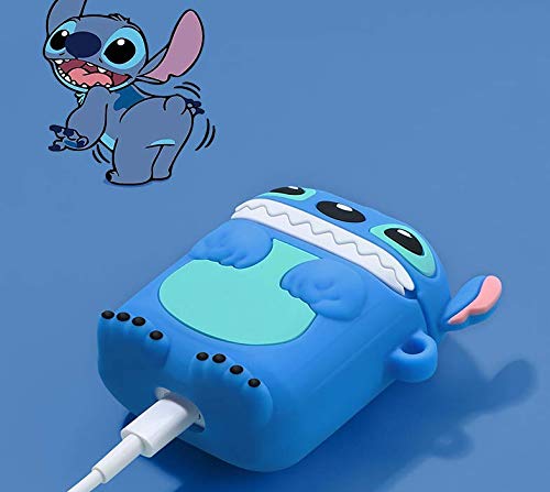 Compatible with Airpods 1&amp;2 Case,Cute Cartoon Character Silicone Air pod Funny Cover,Kawaii Fun Cool Keychain Design Skin,Fashion Cases for Girls Kids Teens Boys Airpods(3D Blue Stitch)