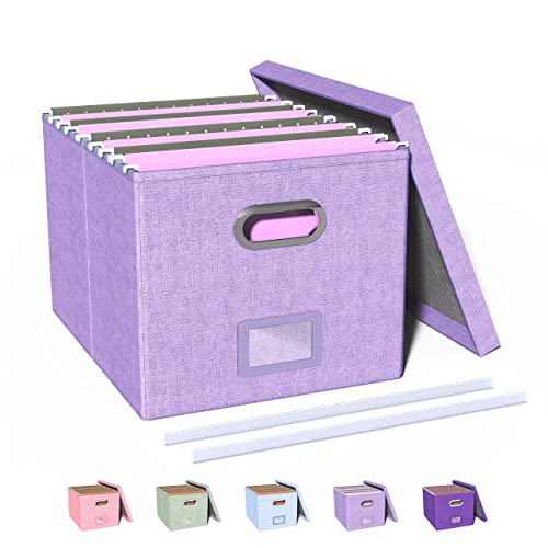 Oterri File Organizer Box,Filing Box with Lid,File Box for Letter/Legal File Folder Storage, Portable Hanging File Box for Office/Decor/Home,1 Pack,Lavender-Box only