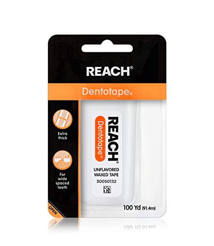 REACH Dentotape Waxed Dental Floss Tape, Unflavored, Extra Wide Floss, Shred &amp; Frey Resistant, Plaque Remover for Teeth, Easy on Gums &amp; Teeth, Oral Care, PFAS Free, for Adults &amp; Kids, 1 Pack, 100 yd