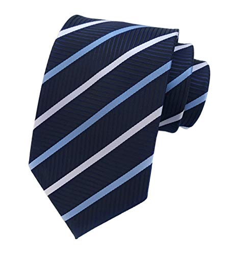 Men Stripe Navy Blue and White Jacquard Tie Formal Necktie For Big Boy Youth Son