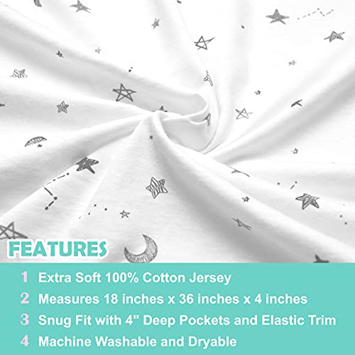 Printed 100% Natural Cotton Jersey Knit 18 x 36 Cradle/Bassinet Sheet - Fitted, Gray Stars and Moons, Soft Breathable, for Boys and Girls