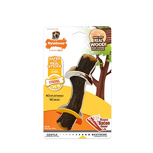 Real Wood Stick Toy Strong Chew Toy for Dogs, Rubber Dog Toys for Moderate & Aggressive Chewers, Bacon Flavor, Medium - Up to 35 lbs, 1 Count