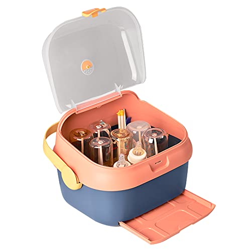 Baby Bottle Drying Rack Container with Drainer, Portable Nursing Cutlery Box Container with Cover, Bottle Holder for Baby and Toddler, Portable Kitchen Cabinet Organizer, Easy to Clean Drainer (Pink)
