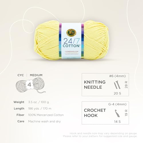 Lion Brand 24/7 Cotton Yarn, Lightweight Yarn for Knitting, Crocheting, and Crafts, Lemon, 1 Pack