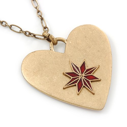 Red Enamel Crystal Heart Pendant With Gold Tone Long Chain - 70cm Length/ 7cm Extension