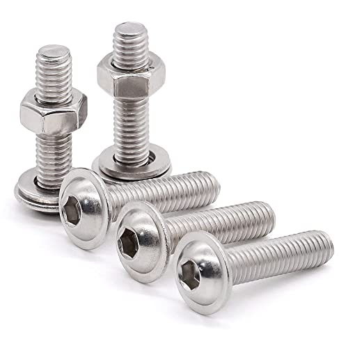 Glvaner (50 Sets) M4-0.7 x 10mm Flanged Washer Button Head Socket Cap Screws & Hex Nuts & Flat Washers, 18/8 Stainless Steel 304, Fully Threaded, Machine Coarse Thread, No Coating, Plain Finish