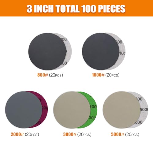 3 Inch (75mm) Assorted 800/1000/2000/3000/5000 Grit High Performance Heavy Duty Silicon Carbide Wet/Dry Hook &amp; Loop Sanding Discs with 1/4 inch Shank Sanding Pad + Foam Buffering Pad, 100PCS