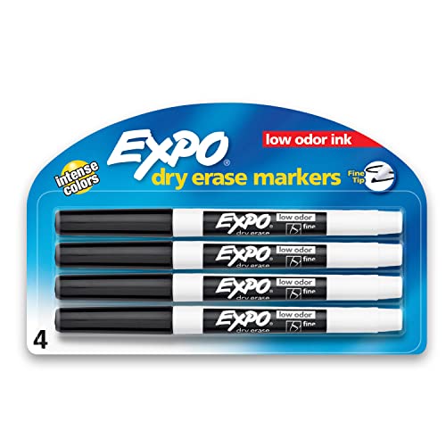 Low Odor Dry Erase Markers, Fine Tip, Black, 4 Count