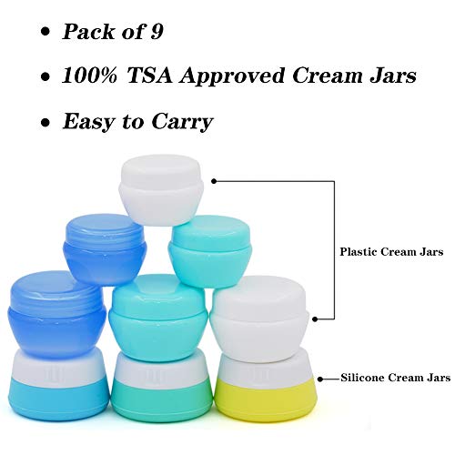 Travel Containers Sets Silicone &amp; PP Cream Jars for Toiletries Empty Lotion Leak-proof &amp; TSA Approved Bottles Accessories with Hard Sealed Lids for Cosmetic Makeup Face Cream (9 Jars)