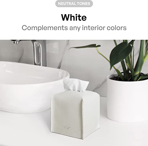 Carrotez Tissue Box Cover, Refined Modern PU Leather Square Holder - Decorative Holder/Organizer for Bathroom Vanity Countertop, Night Stands, Office Desk &amp; Car 5X5X5 White