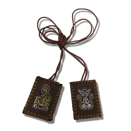 Brown Wool Embroidered Scapular Catholic Necklace for Men and Women, Scapulars with Images of The Sacred Heart of Jesus and The Immaculate Heart of Mary, 3 Pack