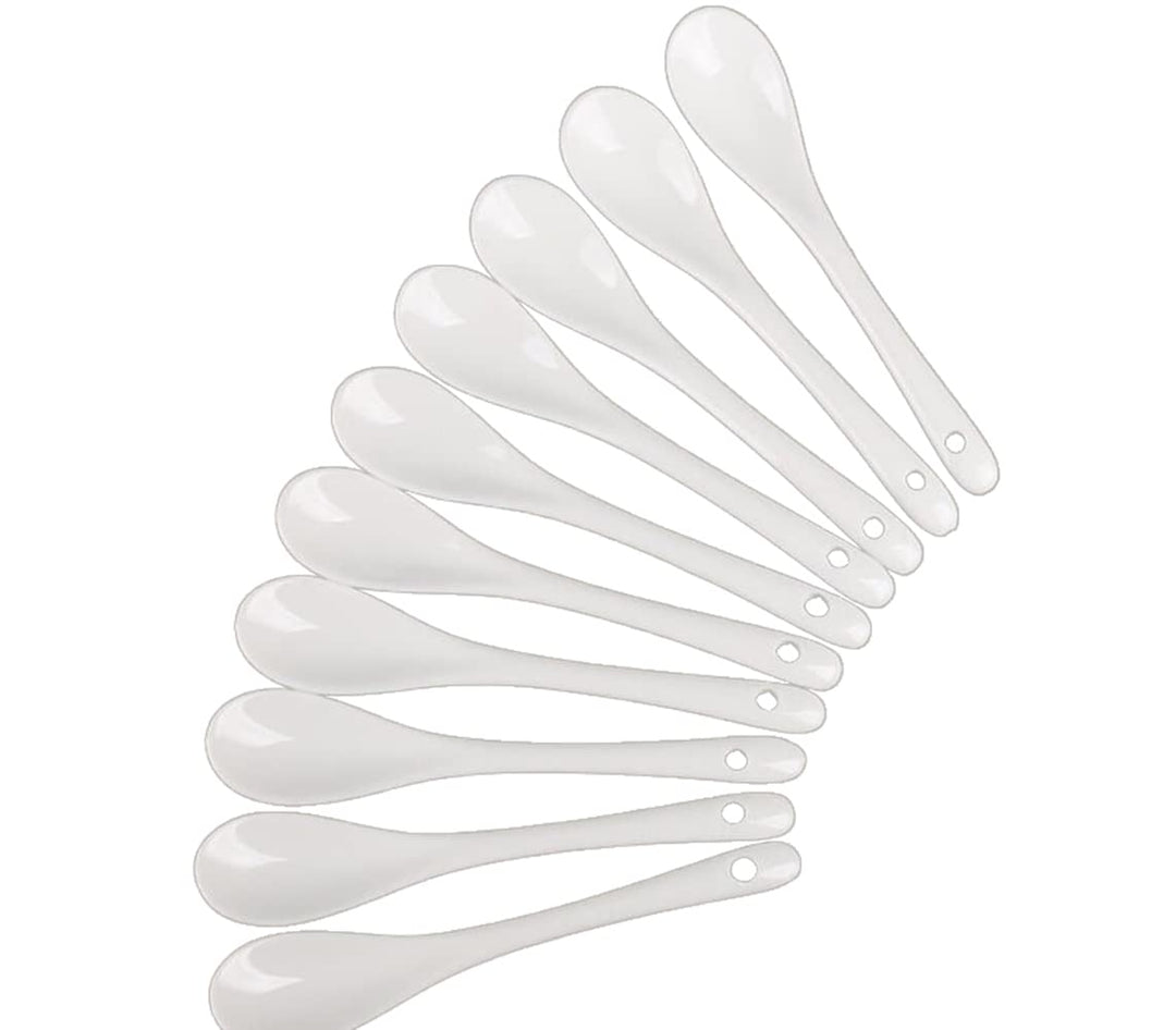 5inch 6inch Japanese Ceramic Spoon Salt Coffee Mini White Sugar Dessert Dinner Soup Spoons 10pcs Packed White Color (13cm, 10)