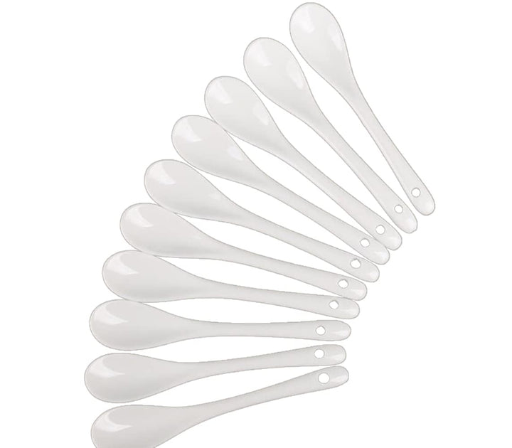 5inch 6inch Japanese Ceramic Spoon Salt Coffee Mini White Sugar Dessert Dinner Soup Spoons 10pcs Packed White Color (13cm, 10)