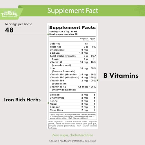 Herbal Iron - 48 Servings, Liquid Iron and Herbal Supplement, Vitamin C & B Complex Vitamins, Iron-rich Greens, Vegan Iron for Men and Women