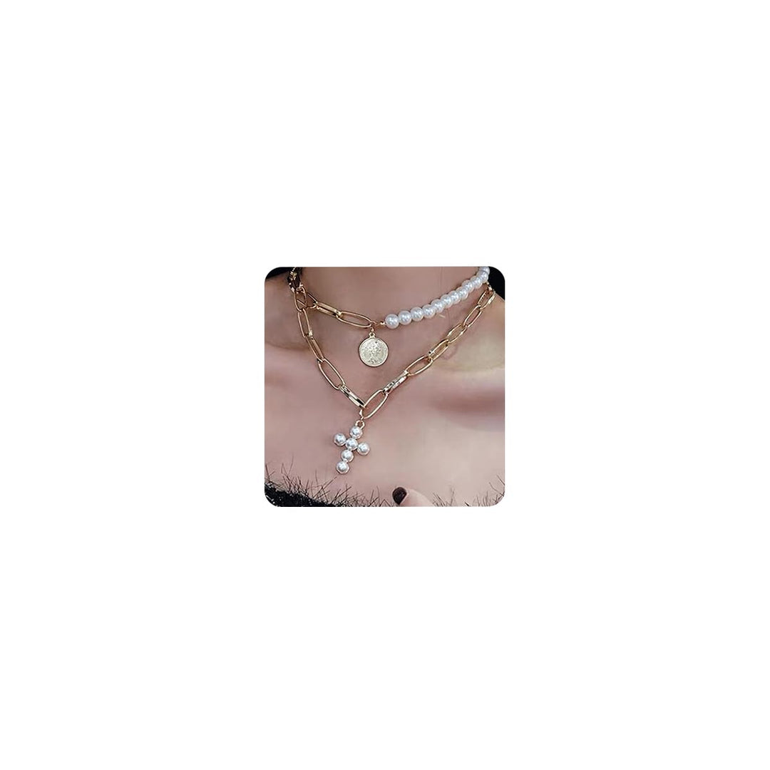 Bohemia Layered Choker Necklace Pearl Cross Necklace Coin Neckalce Gold Disc Coin Pearl Cross Charm Pendant Necklace for Women and Girls