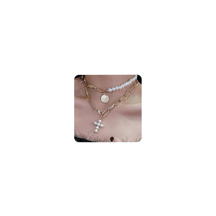 Bohemia Layered Choker Necklace Pearl Cross Necklace Coin Neckalce Gold Disc Coin Pearl Cross Charm Pendant Necklace for Women and Girls